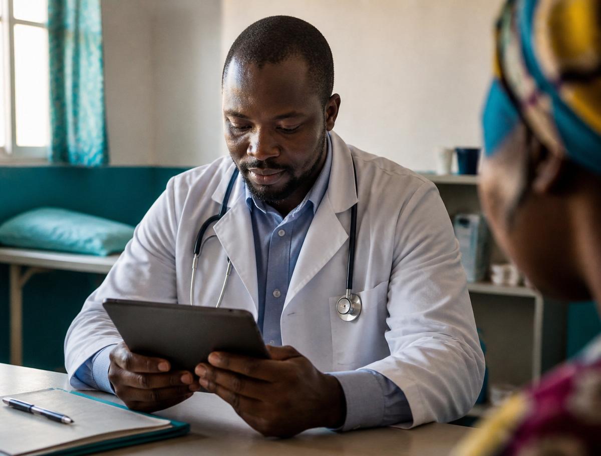 A clinician working with QuickMed on a tablet in a consulting room