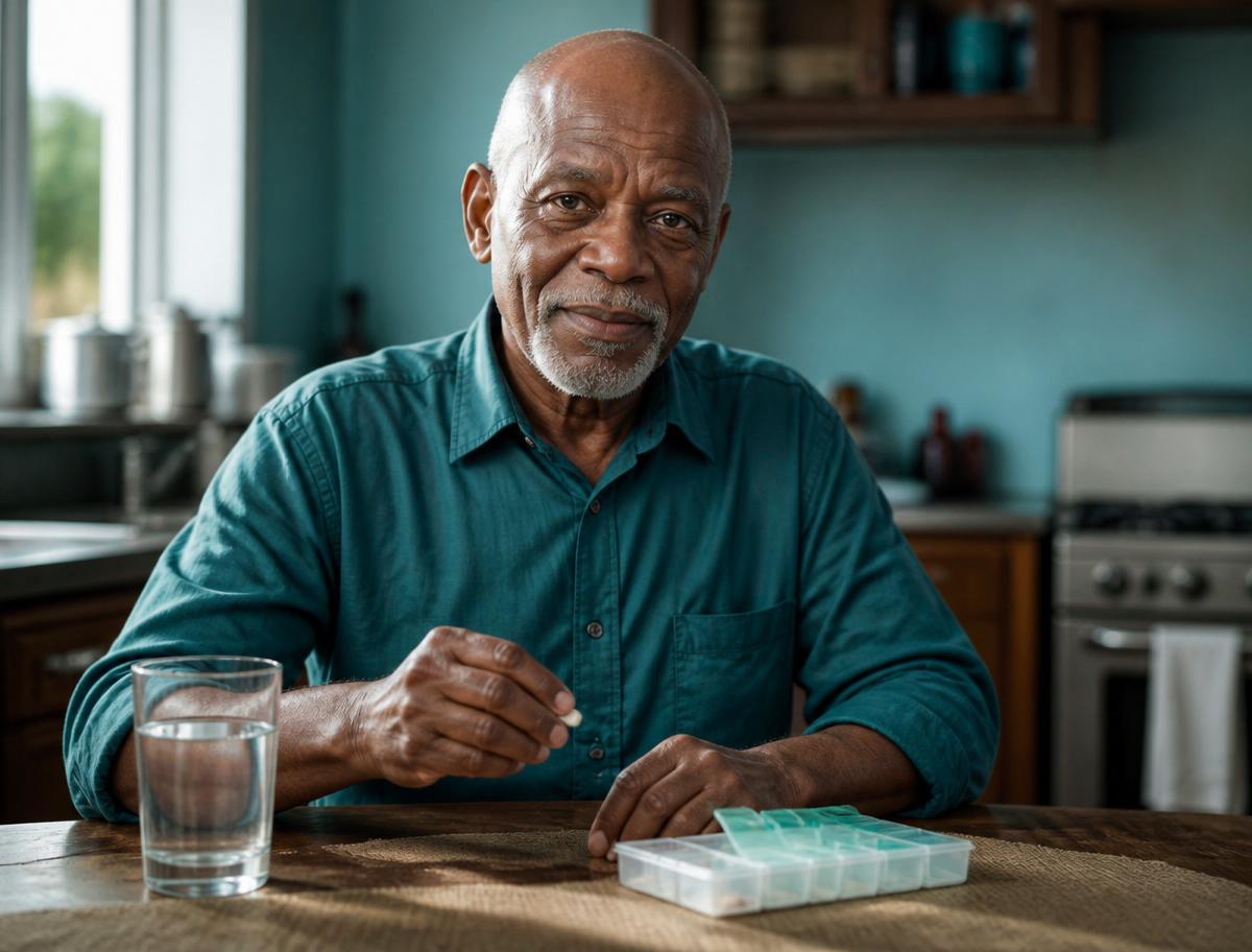 A patient organising his daily medication at home