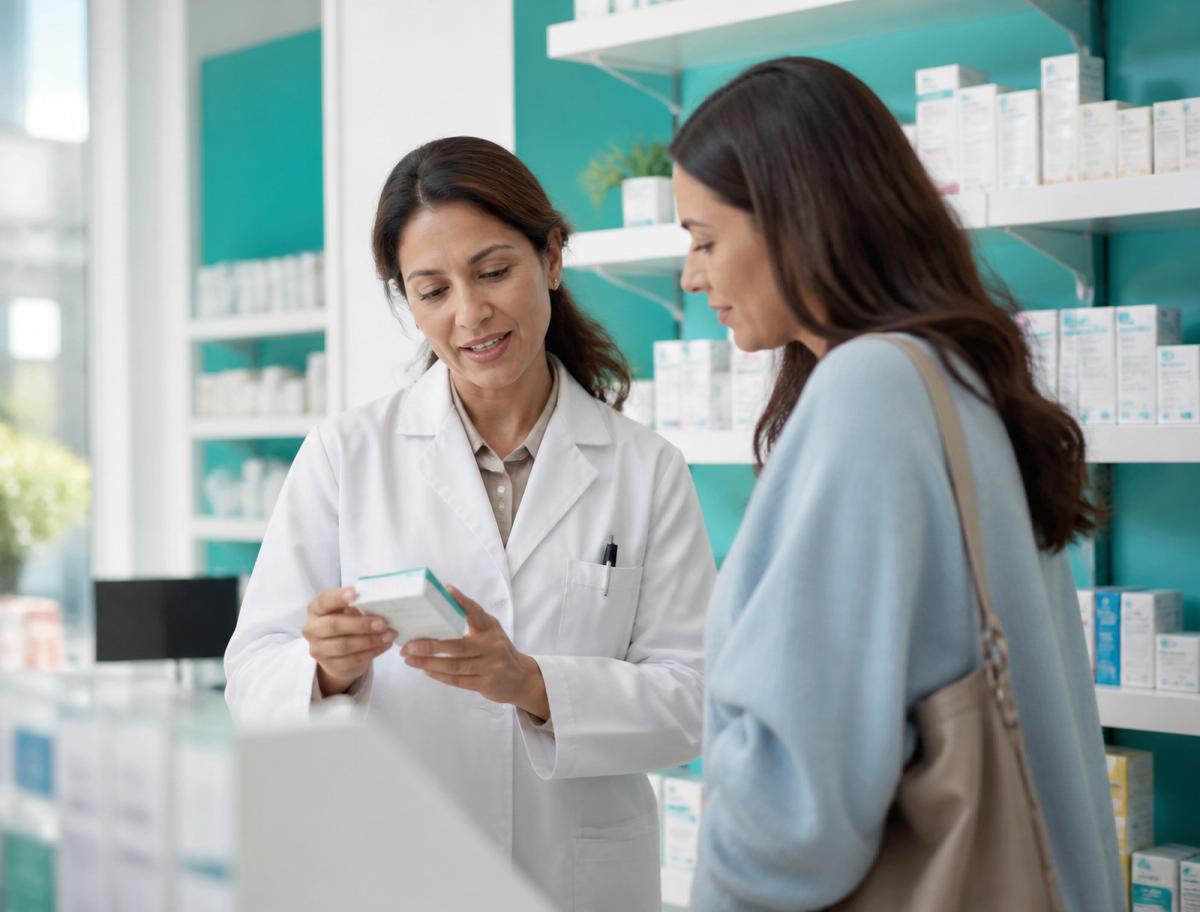 A pharmacist counseling a customer about their medicine